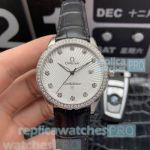 AAA Grade Replica Omega Constellation Diamond Bezel Black Leather Strap Watch